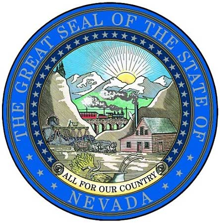 Circle with the words "The Great Seal Of The Great State Of Nevada" with a picture of a gold mine in the center. 