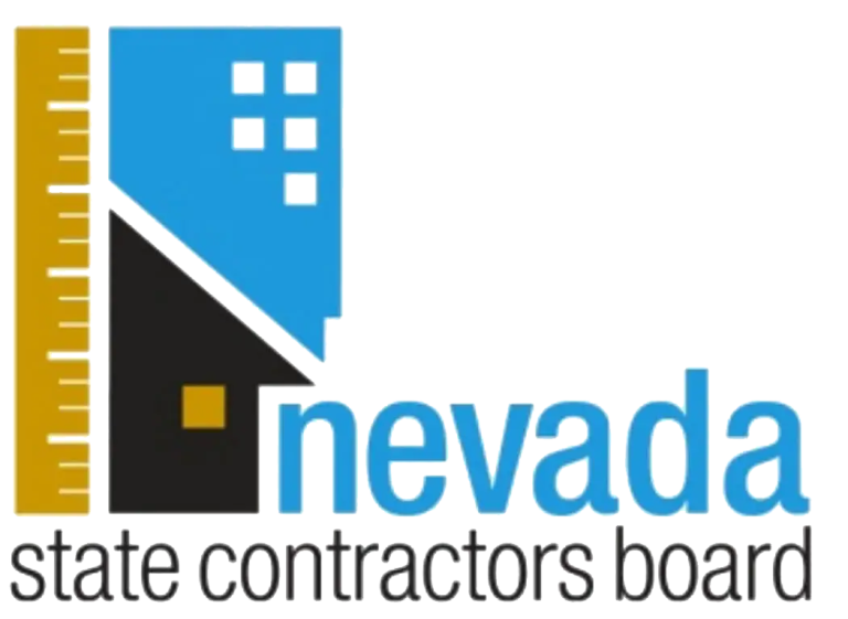 A ruler with the state of Nevada and half of a home with a window next to it. Under the roof is the word "nevada state contractors board."