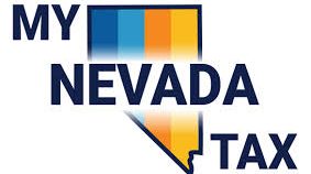 State of Nevada with a dark blue, light blue, orange, and yellow strip going down the state with the words "My Nevada Tax" in front of it.